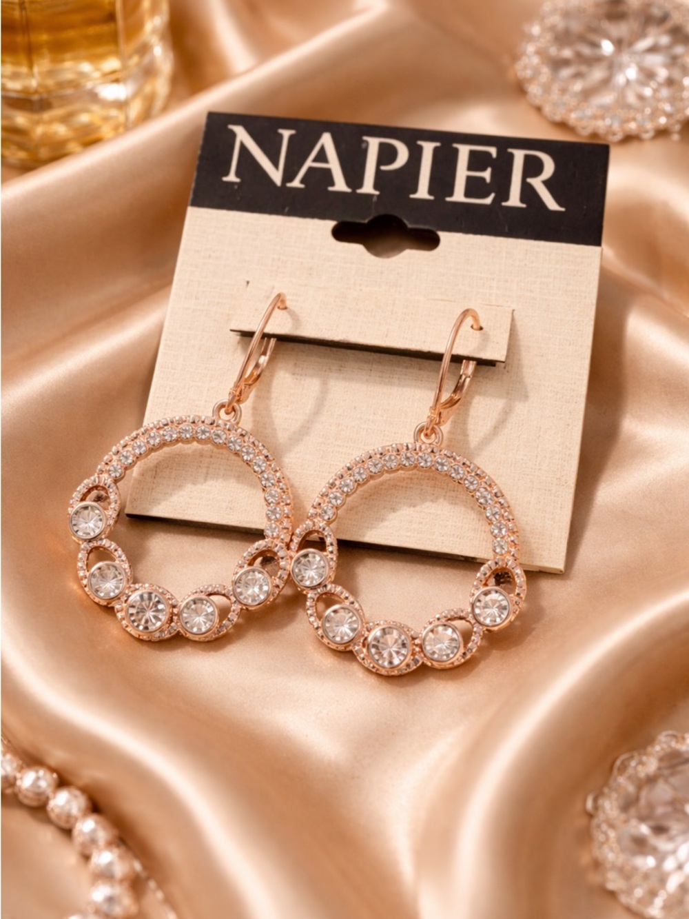 Napier Rose Gold Crystal Pavé Hoop Drop Earrings